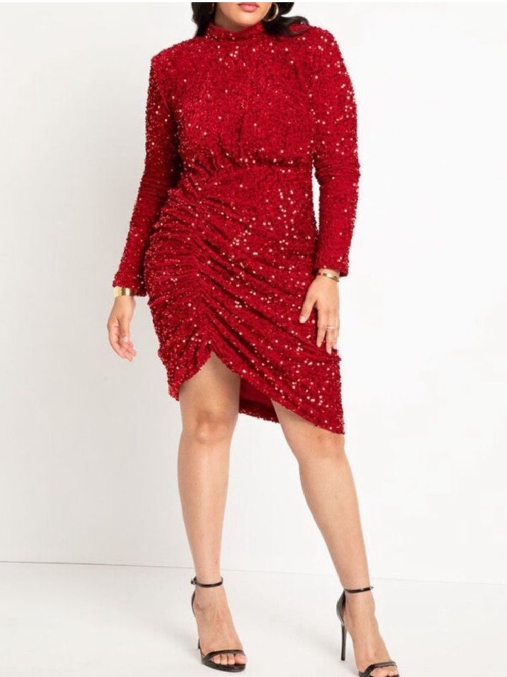 Eloquii Red Ruched Sequin Dress Long Sleeve Mockneck 16